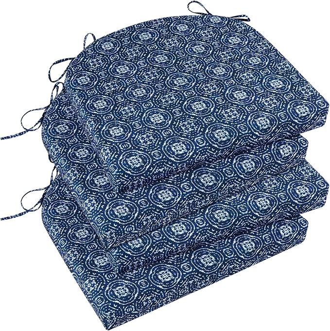 Basic Beyond Outdoor Chair Cushions Set of 4, Outdoor Cushions for Patio Furniture, Water Resistant Patio Chair Cushions with 2 Ties, 17x16x2, Blue Circles