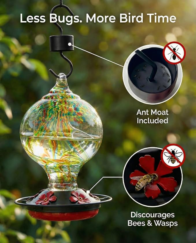 Hummingbird Feeder for Outdoors Hanging, 34 Oz, Handcrafted Gift Inner Glass Décor for Bird Garden Lover, Ant Moat & Bee-Resistant Ports, Hook & Brush Included (Golden Meadow)
