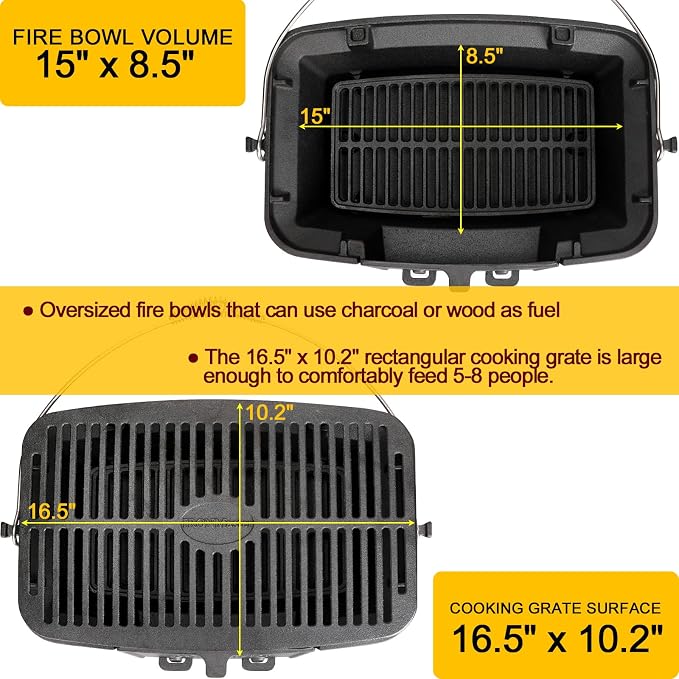 IRONMAX Large Hibachi Grill Outdoor, Portable Charcoal Grill and Tabletop Cast Iron Skillet, 100% Cast Iron, Durable, Camping Grill Grate 16.5" x 10.2" - Coal Door, Draft door