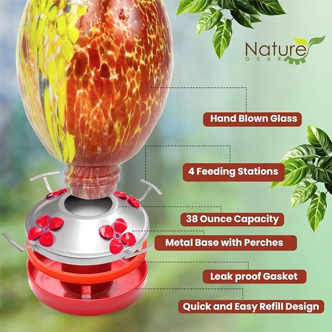 Nature Gear Glass Hummingbird Feeder for Outdoors, Hanging Bird Feeder with Ant Moat, Hand-Blown Glass Garden Feeder, Easy Clean Wide Mouth, Rust Resistant, 38 oz, Volcano Red