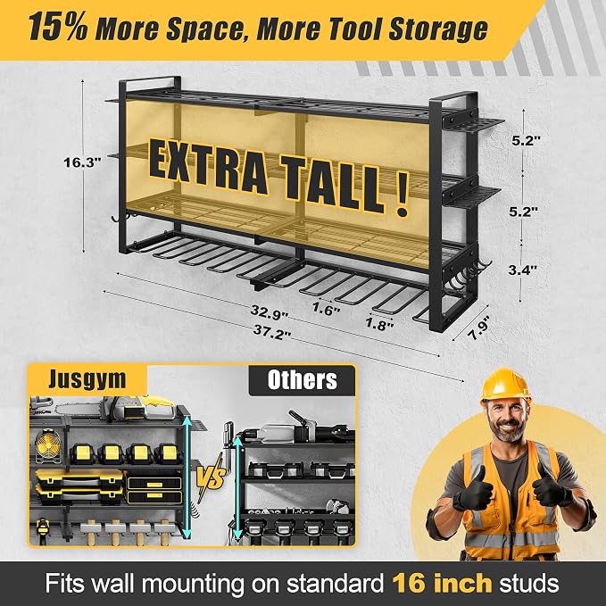 Jusgym Power Tool Organizer Wall Mount |450lbs Garage Tool Storage Rack with 8 Cordless Drill Holder |4-Tier 32''W Heavy Duty Garage Organization |Gifts for Men