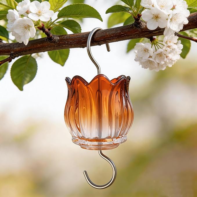 Glass Ant Moat for Hummingbird Feeder - 3 OZ Gradient Orange Tulip Insect Guard with Large Capacity