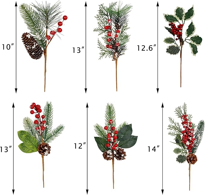 DR.DUDU 12 Packs Holiday Faux Christmas Evergreen for Wreaths, Swags, Topiaries, Elements Include Types of Evergreens, Holly Leaves, Winter Berries, Pine Cones, Laurel Leaf (6 Styles, 12-14 in)