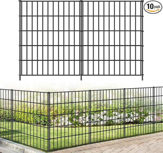 FOREHOGAR Metal Garden Fence 33.3in (H) x 23.3ft (L), 10 Panels + 11 Stakes Dog Fence Border Fence Animal Barrier, No Dig Garden Fencing for Yard Flower Bed Lawn Patio Outdoor, PIN332810 Black