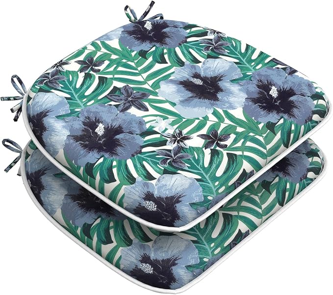 DYTXIII Set of 2 Outdoor Chair Cushions with Ties,Water Repellent Patio Chair Pads 17"x 16" for Outdoor Furniture,Round Corner Seat Cushions for Garden Yard Kitchen Blue Salmone Tropical