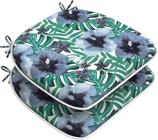 DYTXIII Set of 2 Outdoor Chair Cushions with Ties,Water Repellent Patio Chair Pads 17"x 16" for Outdoor Furniture,Round Corner Seat Cushions for Garden Yard Kitchen Blue Salmone Tropical