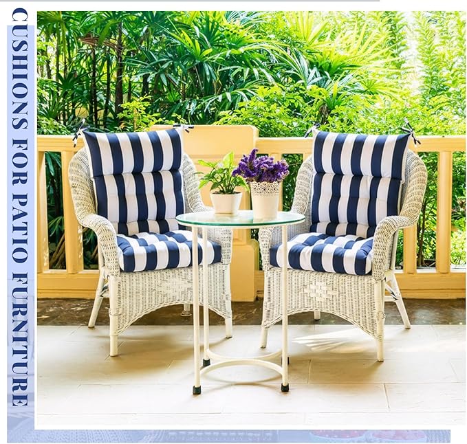 Sintuff 4 Pcs 44 x 21 x 4 Patio Chair Cushions Outdoor Chair Cushion Seat/Back Tufted Pillow with Ties Water Resistant Replacement Indoor Patio Furniture Outdoor Furniture (Stripe,Blue and White)