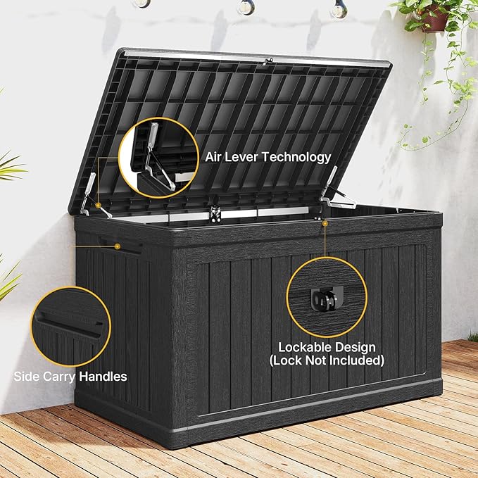 Skepphlay 230 Gallon Deck Box Large Outdoor Storage Box, Black Waterproof Deck Storage Bench, 440 lbs Load Capacity Outdoor Storage Bin for Garden, Patio, Pool, Boat