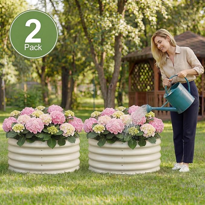 Sponvatt 2 Pcs Round Galvanized Raised Garden Bed Kit 24 x 12 Inch Metal Planter Box Outdoor with Safety Rubber Edge Trim Rust Proof Weather Resistant Circular Steel Garden Beds White 12 Inch Deep