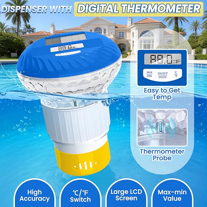 2026 Upgraded Pool Chlorine Floater with Thermometer, Digital Screen Pool Chlorine Floater,Solar Pool Chlorine Floaters with Light, Button Control Floating Chlorine Dispenser for Pool (Yellow)