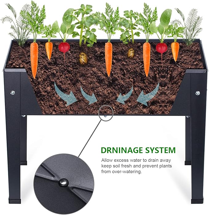 Piksedo Raised Garden Bed, Elevated Planter Metal Plant Box with Legs Standing Garden Stand Drainage Holes Frosted Black
