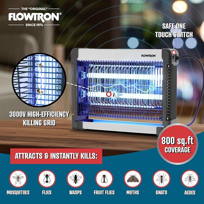 Flowtron Indoor Bug Zapper: 3000V Electric Insect Killer & Mosquito Trap - 800 Sq Ft Coverage - 20W Dual UV Light Fly Zapper for Kitchen, Bedroom, RV & Restaurant - Safe Gnat & Moth Killer