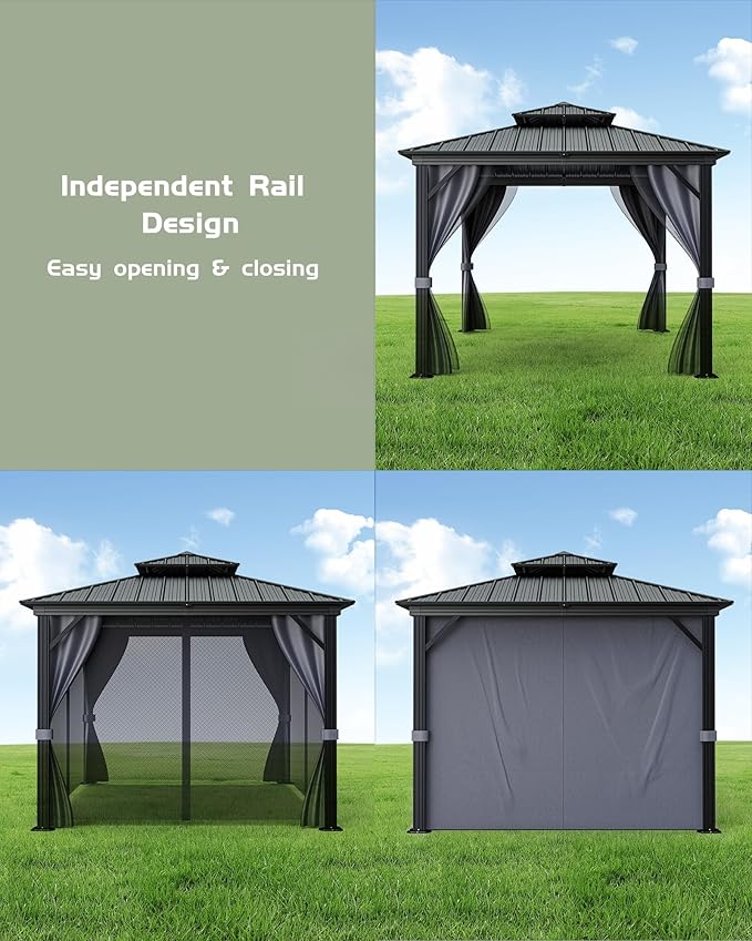 Outdoor Gazebo 12x12 Hardtop, Aluminum Frame Permanent Pavilion with Double Roof, Mosquito Netting & Privacy Curtains for Patio, Garden, Deck, Lawn and Backyard Parties
