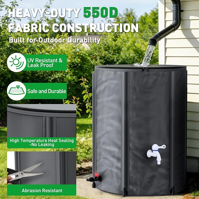 Yesker Collapsible Rain Barrel, 100 Gallon Portable Rainwater Collection System, 550D PVC Water Storage Tank, Rain Catcher with Spigots Filter Overflow Kit, Grey