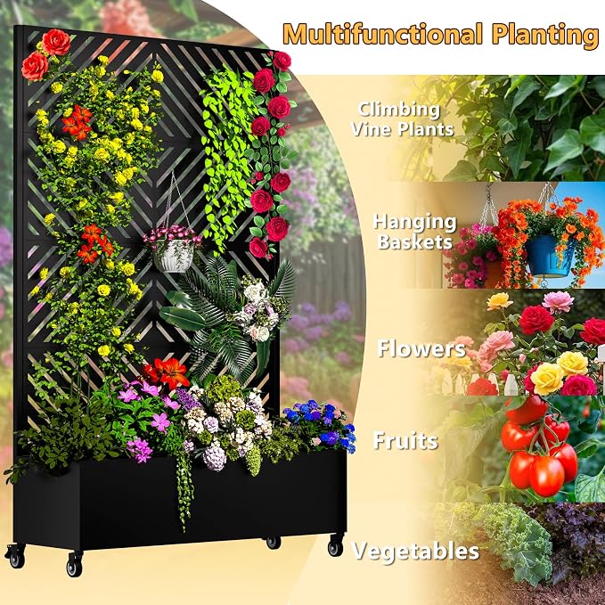 MTART Metal Planter Box with Trellis, 72.1"x47.2"x16" Outdoor Galvanized Raised Garden Bed with Privacy Screen & Drainage Holes & Lockable Casters for Climbing Plants, Vegetable (Arrow-Black1)