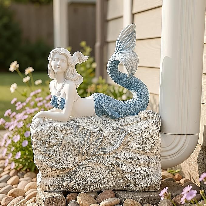 Teaeeno Mermaid Gutter Downspout Extension Decoration, 3''x4'' Downspout Extender Diverter Splash Block Sculpture Outdoor Decor, Animal Resin Statue