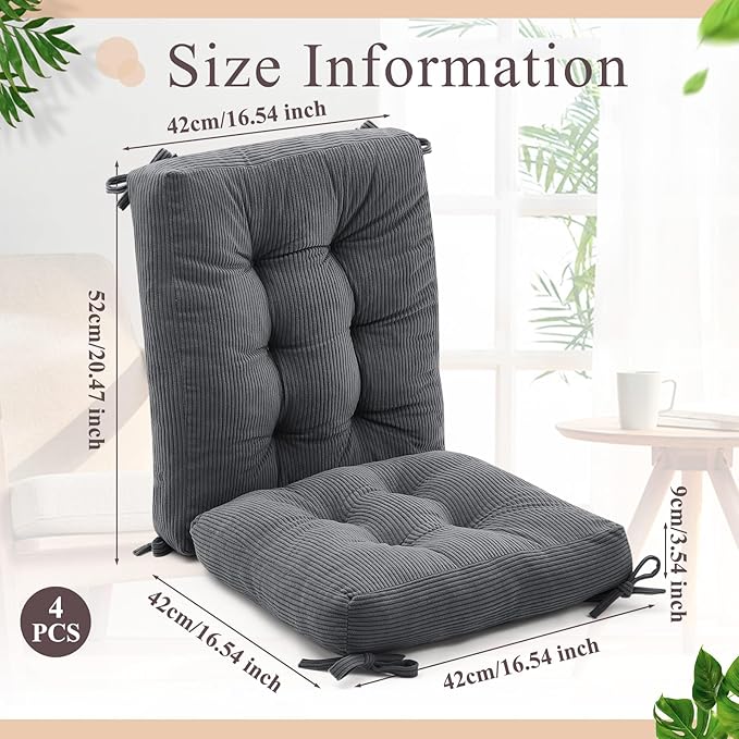 Juexica 4 Set Outdoor Patio Chair Cushions Corduroy Seat High Back Tufted Pillow Replacement Rocking Patio Chair Pads for Outdoor Indoor Home Office(Dark Gray)