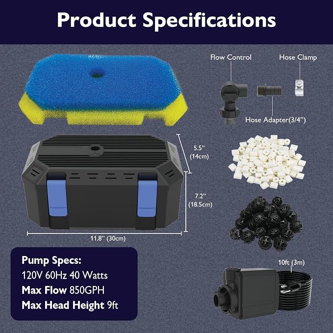 850GPH Pond Filter Pump with 4-Stage Filtration, Fish Pond Filter for Outdoor Ponds 500-750 Gal, Pond Pump Filter Box for Garden, Waterfall, Fountain, Water Feature