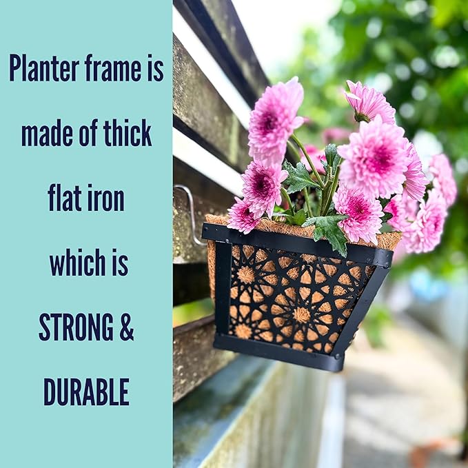 LaLaGreen Window Boxes Planters for Outdoor Plants (12 Inch, 4 Pack) Small and Cute Black Metal Fence Hanging Flower Box Basket with Coco Liner Unique Horse Troughs Balcony Garden Pot Patio Porch Rail
