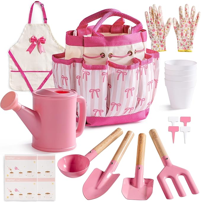 ROBUD Kids Gardening Set 18 PCS Bow Theme Garden Tools for Kids with Storage Bag, Apron, Waterproof Gloves, and Planting Cards – Educational Outdoor STEM Gardening Toy Gift for Girls and Toddlers