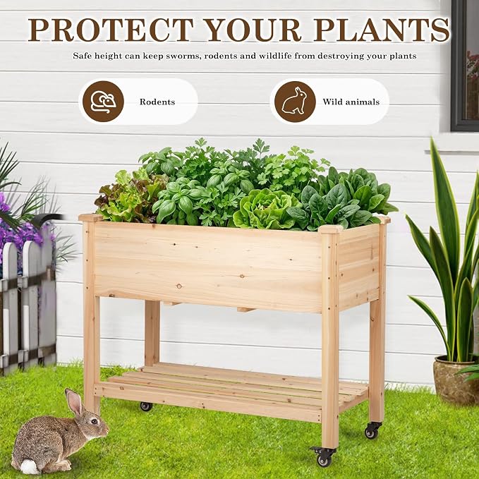 Raised Garden Bed with Lockable Wheels, 40x24x32 inch Elevated Wood Planter with Storage Shelf Protective Liner for Vegetable Flower Herb Outdoor Balcony Patio Backyard, Natural