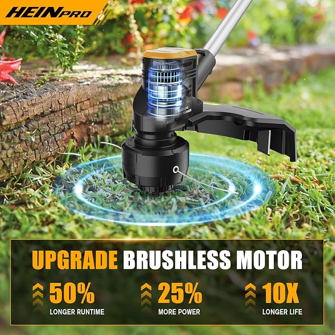 HEINPRO Cordless Weed Wacker Compatible with DeWalt 20V MAX Battery, 16" Brushless Weed Eater, Grass Trimmer for Lawn Care, Bump Feed, String Trimmer with 4 Bulk Trimmer Line Coils (Tool Only)