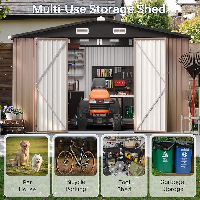 10x12FT Outdoor Storage Shed, Metal Garden Tool Shed with Sloping Roof & Lockable Door for Patio Lawn Backyard (Brown, 10x12FT)