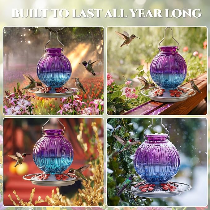 2 Pack Glass Hummingbird Feeder for Outdoors Hanging, Bird Nectar Feeder with Perch & 5 Flower Feeding Ports, 26 Oz Leak Proof for Outside Garden Decor Backyard, Gifts for Women Mom, Red + Purple Blue