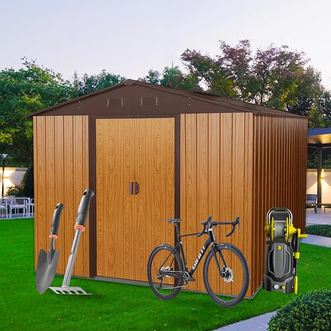 KEIKI 8x10 FT Outdoor Metal Storage Shed with Peaked Roof,Vents and Lockable Door for Garden Yard