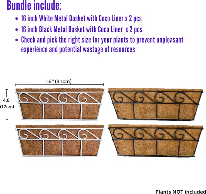 LaLaGreen Bundle (2 Pack, 16 Inch White + 2 Pack, 16 Inch Black) Window Flower Boxes Basket Outdoor, Deck Railing Hanging with Coco Liners, Metal Horse Troughs Modern Garden Balcony Fence Patio Porch