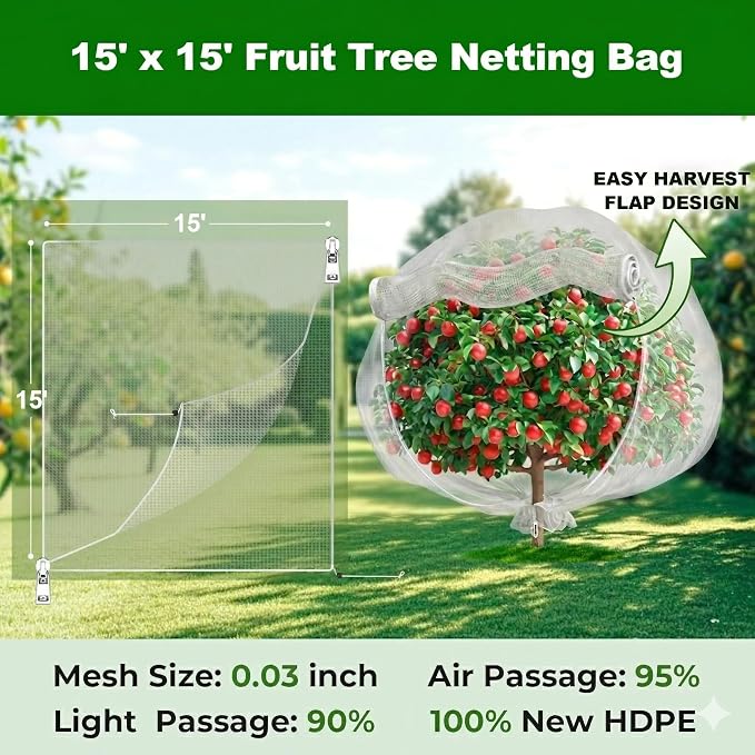 Fruit Tree Netting with Zipper & Drawstring - 15'x15' Garden Plant Net Pest Barrier to Prevent Cicadas Bird Squirrel Deer - Bug Protection for Blueberry Tomato with Fine Mesh Insect Cover (2 Pack)