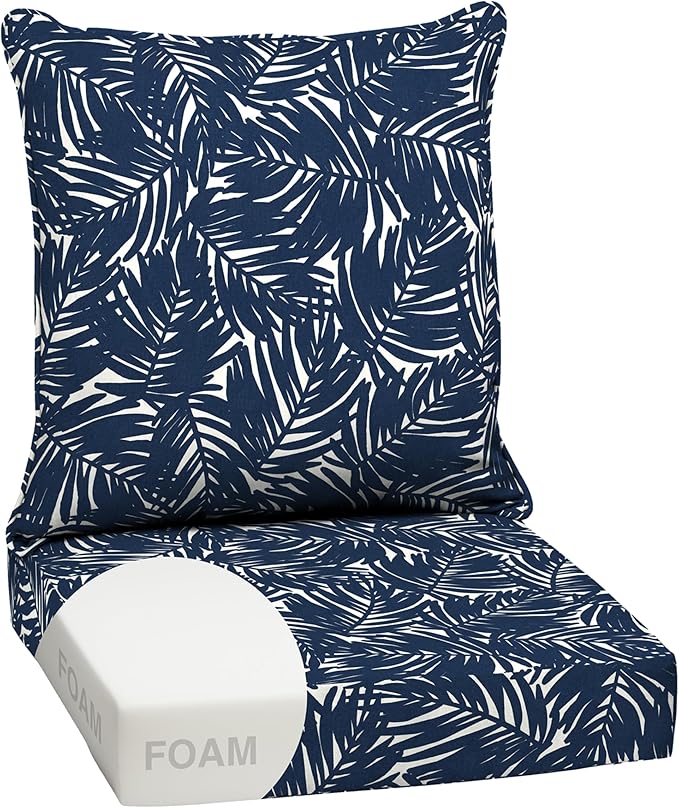 Arden earthFIBER Outdoor Foam Deep Seat Cushion Set, 24x24, Premium High-Density Foam, Never Flattens, Weather-Proof for Patio Chair Sofa Couch, Navy Blue King Palm