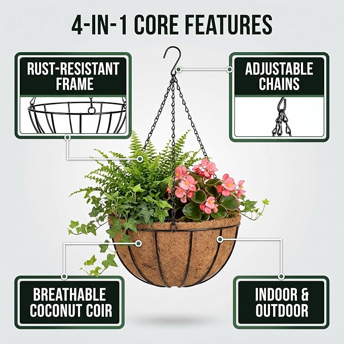 Kingbuy 8" Metal Hanging Basket for Small Succulents & Herbs – 5" Depth Rust-Resistant Wire with Coconut Liner & Chain for Kitchen Window, Balcony & Small Spaces - 2 Pack