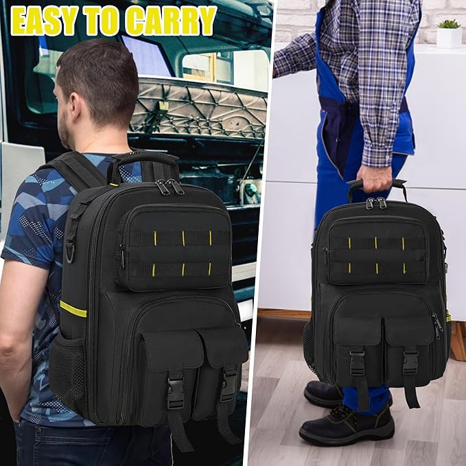 Tool Backpack for Men, Heavy Duty Tool Bag with Removable Tool Organizer, Durable Water-Resistant Work Backpack, Upgrade(Black & Yellow)