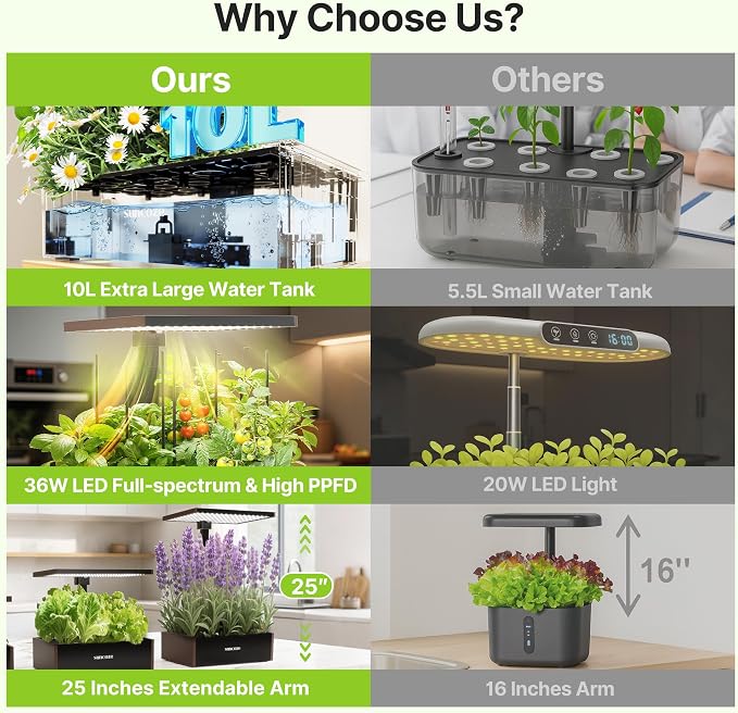 SUNCOZE Hydroponics Growing System Kit, 20 Pods Indoor Herb Garden with 10L Large Tank & Adjustable Height 25", 30W LED Grow Light, LCD Display with Pump & Low Water Reminder, Black&Brown