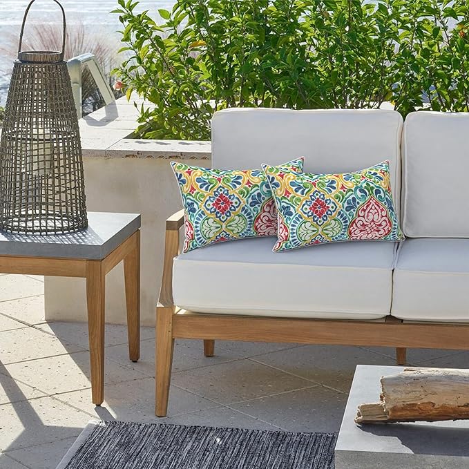 LVTXIII 2 Pack Outdoor Lumbar Pillow Covers 12x20 Inch with Piping, Water-Repellent Back Cushion Covers ONLY for Patio Furniture, Sofa, Garden Bench, Damask Red