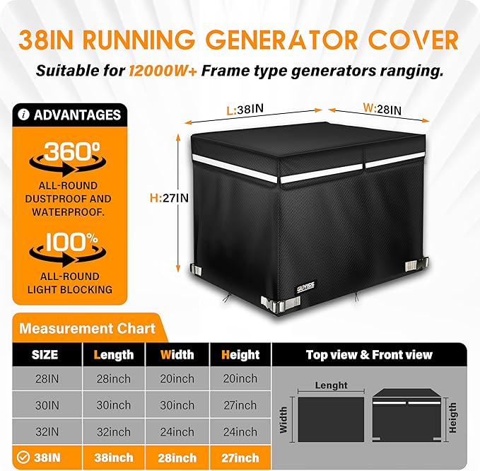 Running Generator Cover, Outdoor Generator Covers, 38x28x27 inch, Top Can Be Opened, 100% Heavy Duty Waterproof Oxford Fabric. Suitable for most generators over 10,000 watts. Black