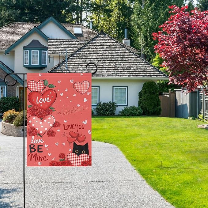 Valentine’s Day Cat Love House Flag 28x40 Inch Double Sided Outside Red Heart Be Mine Valentines Gift Yard Outdoor Flag Banner for Garden Lawn Patio Holiday Decorations