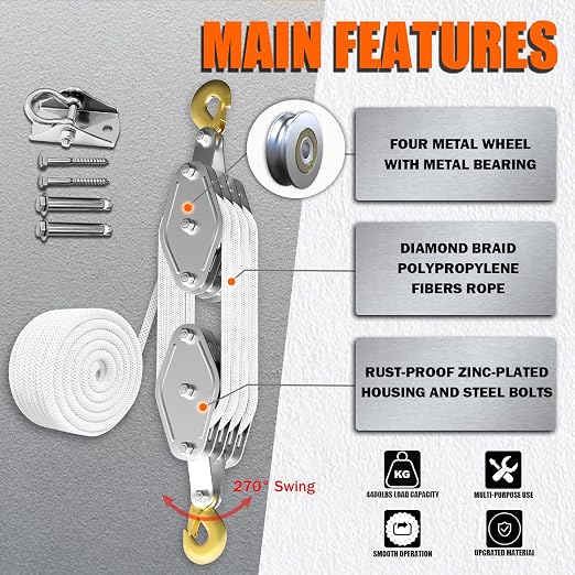YATOINTO Rope Pulley Hoist 4400 LB, 8:1 Power Pulley Block and Tackle System, Pulley Block 65ft, Rope Hoist for Garage Warehouse Constructions with 1 Swing Hanger 2 Screws 2 Expansion Bolts