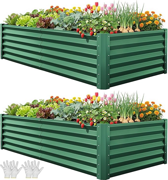 YITAHOME 6x3x1.5ft 2pcs Large Raised Garden Bed Kit, Galvanized Metal Planter Box with Gloves, Support Rod, Outdoor Above Ground Planters for Plants Vegetables Flowers, Green