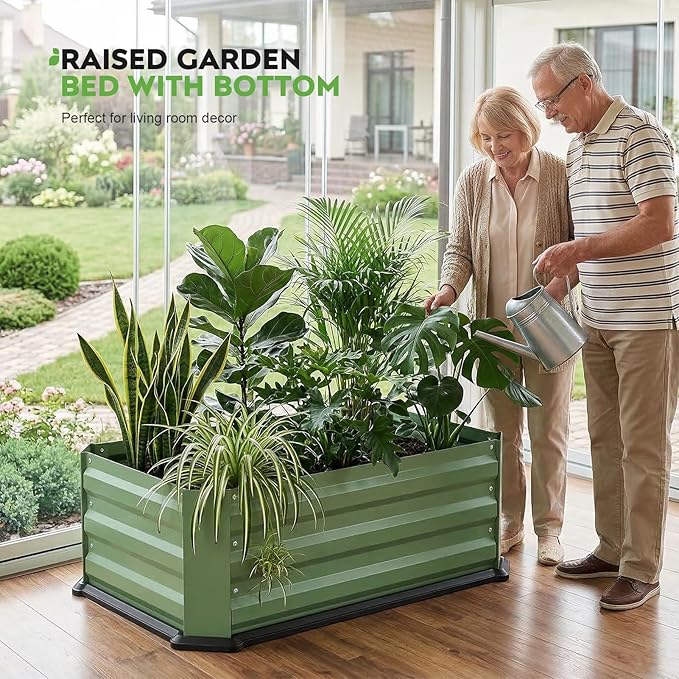 Galvanized Raised Garden Bed with Bottom, Indoor Metal Raised Garden Beds, Easy Assembly No leaks & Rust-Proof Flower Bed, Outdoor Planter Box for Vegetables, Herbs, Patio, Garden, Balcony, Green
