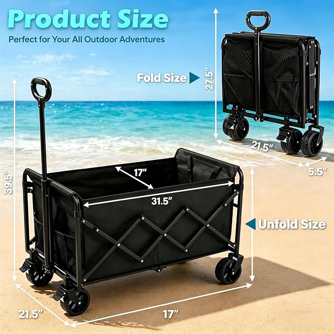Wagons Carts Foldable Collapsible Foldable Extended Wagon with Brakes, 500lbs Weight Capacity, Heavy Duty Folding Utility Garden Cart with Big All-Terrain Beach Wheels & Drink Holders