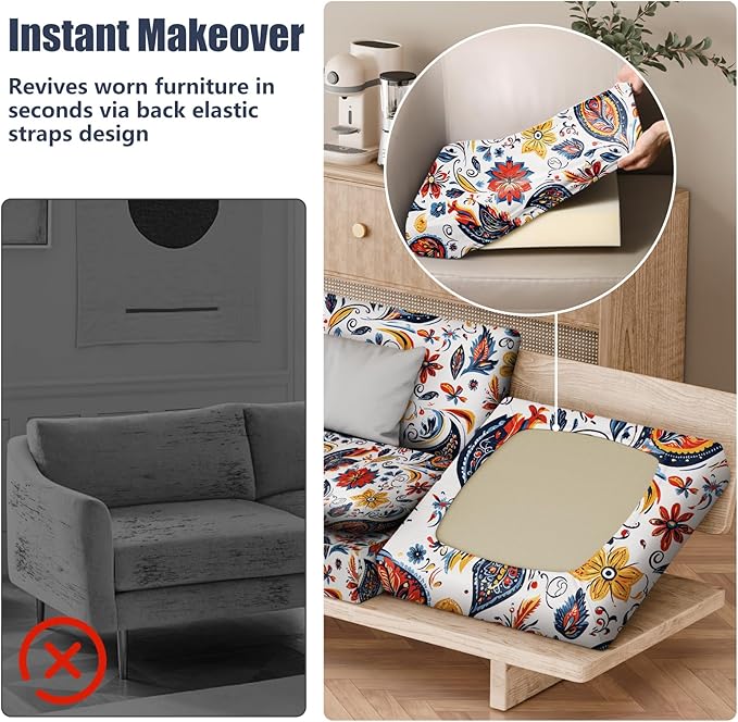 8Pcs Patio Stretch Cushion Covers, Outdoor Couch & Sofa Replacement Slipcovers for Patio Furniture Cushion Covers, Washable Reusable Furniture Protector, Square Large, Art Paisley