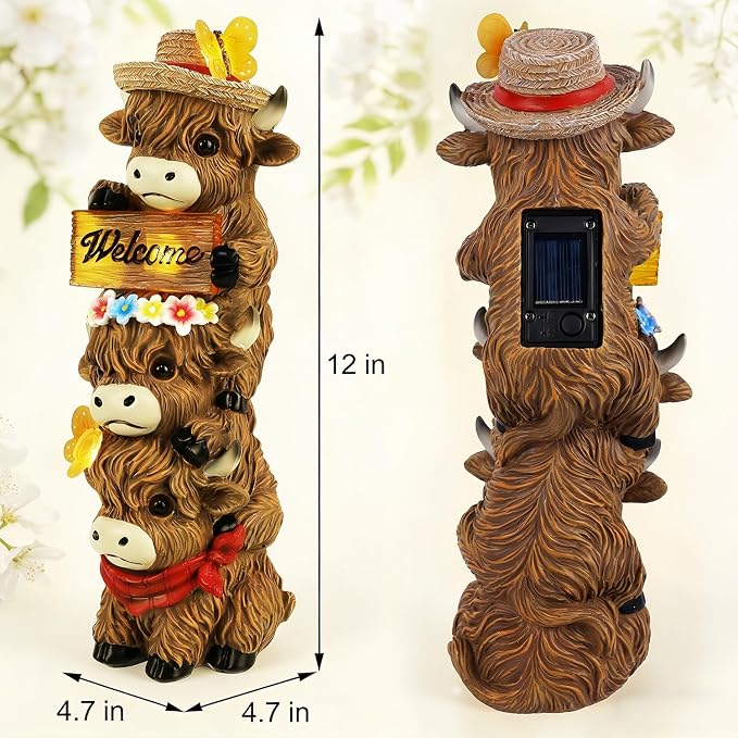 Glintoper Solar Garden Highland Cow Statue, 12" Outdoor Spring Decoration Lighted Triple Stacked Resin Cow Whimsical Yard Art, Birthday Mothers Day Ideal Gifts, for Summer Porch Pathway Patio Lawn