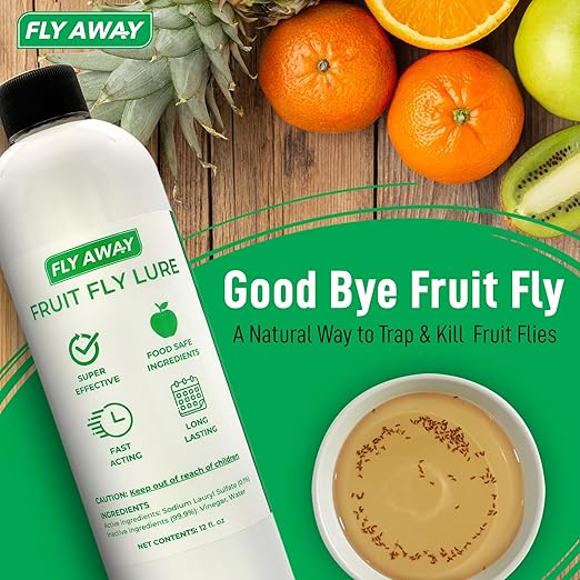 Fly Away Fruit Fly Liquid Lure - Trap Fruit Flies Fast. Safe Around Food. Fruit Fly Trap Indoor Bait for Kitchens, Restaurants, and Bars. Use Alone or as Refill for Fly Away Fruit Fly Trap Kit (12 oz)