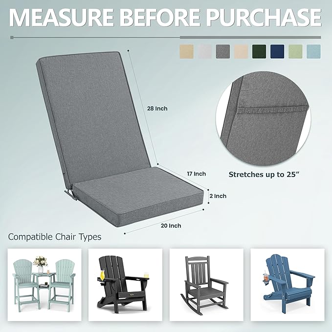 Adirondack Chair Cushions Set of 2 - Removable Covers, Water-Repellent & Fade-Resistant Faux Linen, Securing Straps, Non-Slip Bottom, Fit for Most Outdoor Adirondack & Rocking Chairs - Dark Grey