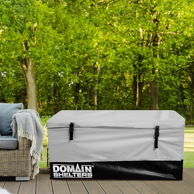 Domain Shelters 117 Gallon 4 x 2 x 2 Foot Outdoor Patio Backyard Garden Storage Container Deck Box w/Removable Weather Bars & Clip Buckles, Gray/Black