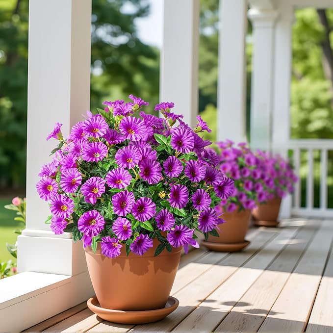 Purple Artificial Morning Glory Flowers for Outdoor Planters, Premium UV Resistant Silk Faux Flowers for Porch, Hanging Basket & Window Box, Cottage Garden Decor, No Pot, 13.3 Inch, 8 Bundles