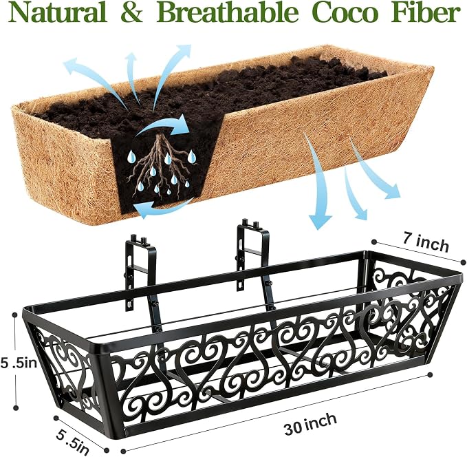 2 Pack 30 Inch Deck Railing Planter Box - Window Boxes Planters with Adjustable Brackets Coco Liners Balcony Planters Railing Hanging for Window Flower Boxes Outdoor Garden Decor