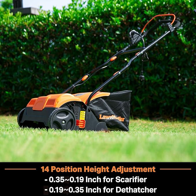 LawnMaster 16” Electric Dethatcher Scarifier and VEVOR 24” Steel Compost Spreader Bundle for Lawn and Garden